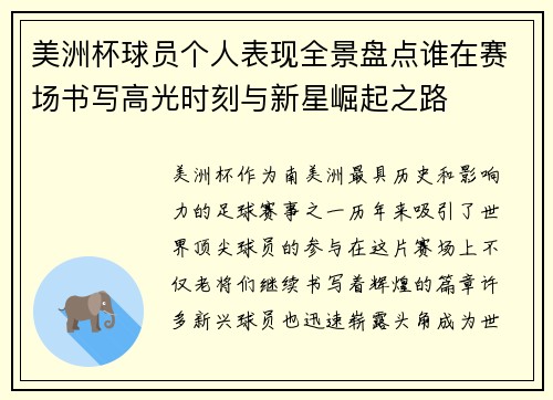 美洲杯球员个人表现全景盘点谁在赛场书写高光时刻与新星崛起之路